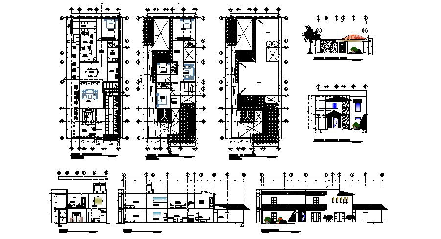Design of bungalow 10.00mtr x 25.00mtr with elevation and section in dwg file