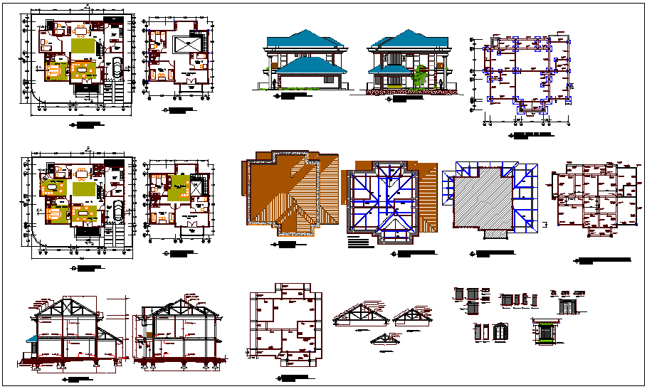 Design of house plan,elevation and section view with structural and door and window detail view dwg file