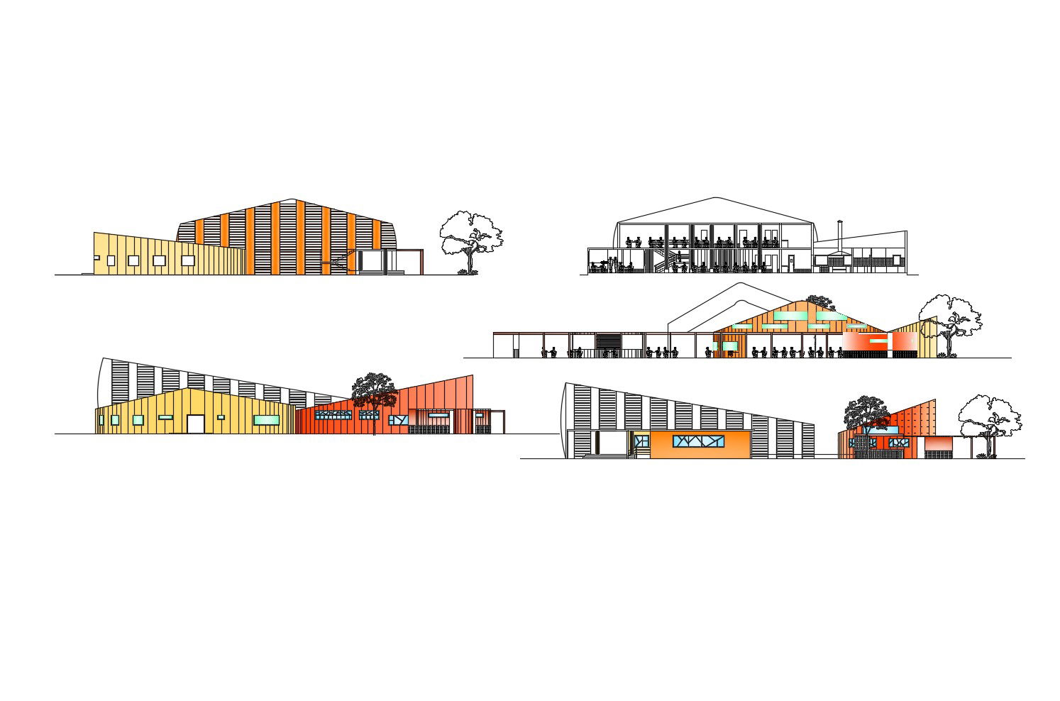 Design of restaurant building with elevation details in autocad