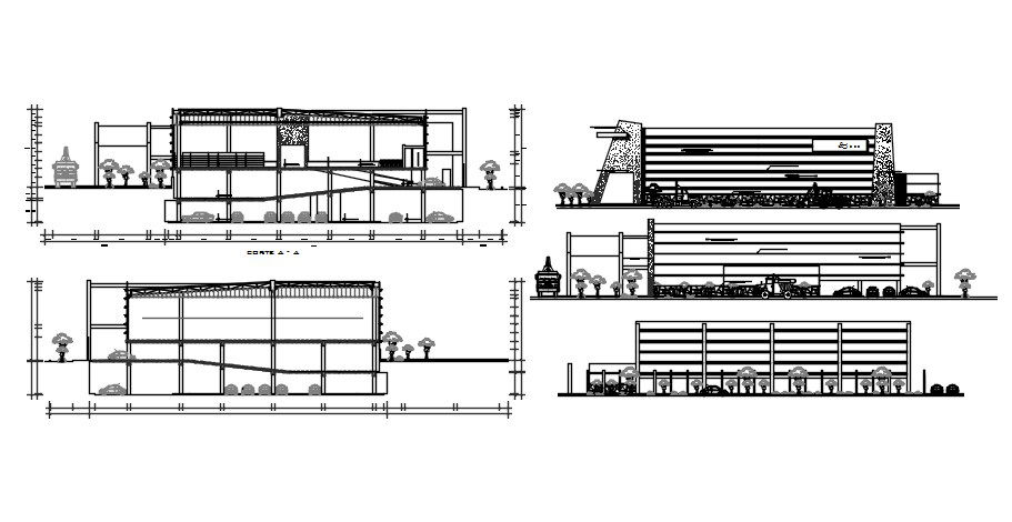 Design of shopping center with section and elevation in autocad