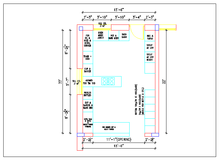 Design plan layout of kitchen with dimension detail dwg file