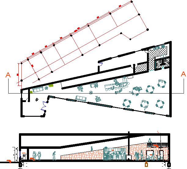 Hotel Design Plan and Elevation with Dining Area and Bar DWG File