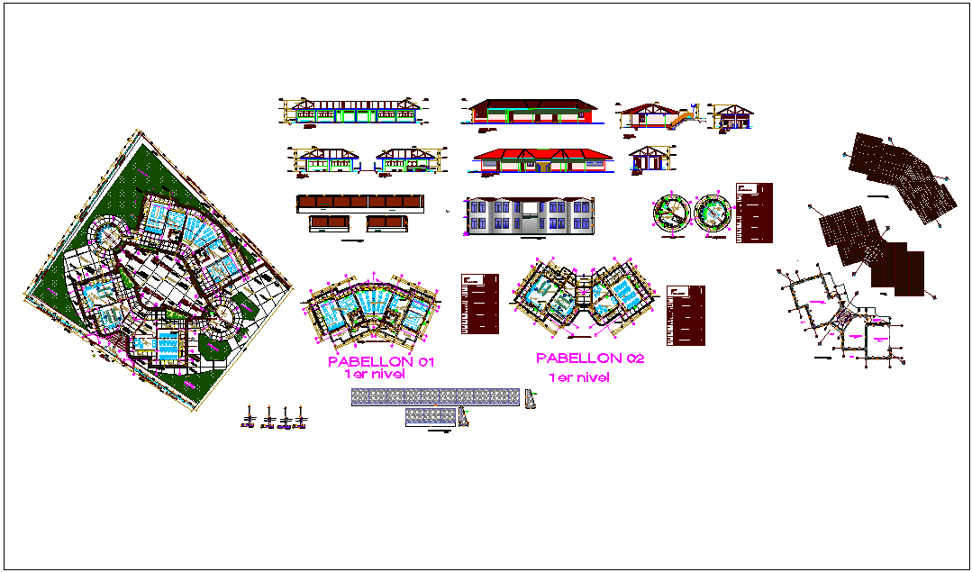 Design view of industrial plant - floor plan,elevation & sectional view dwg file