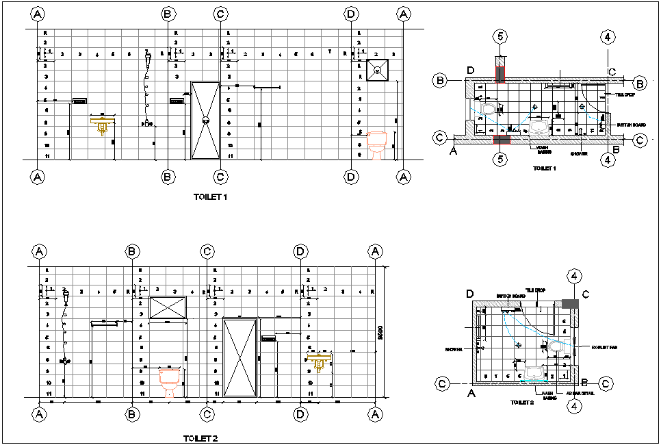 Design view of toilet area with section for bungalows dwg file