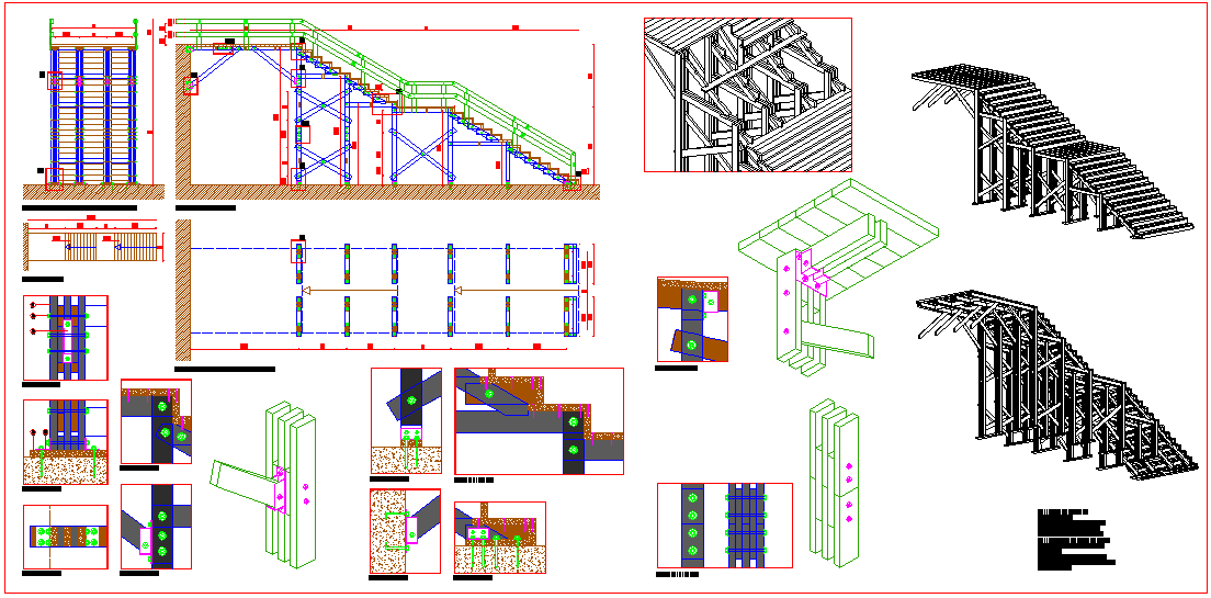 Design view of wooden staircase with part detail