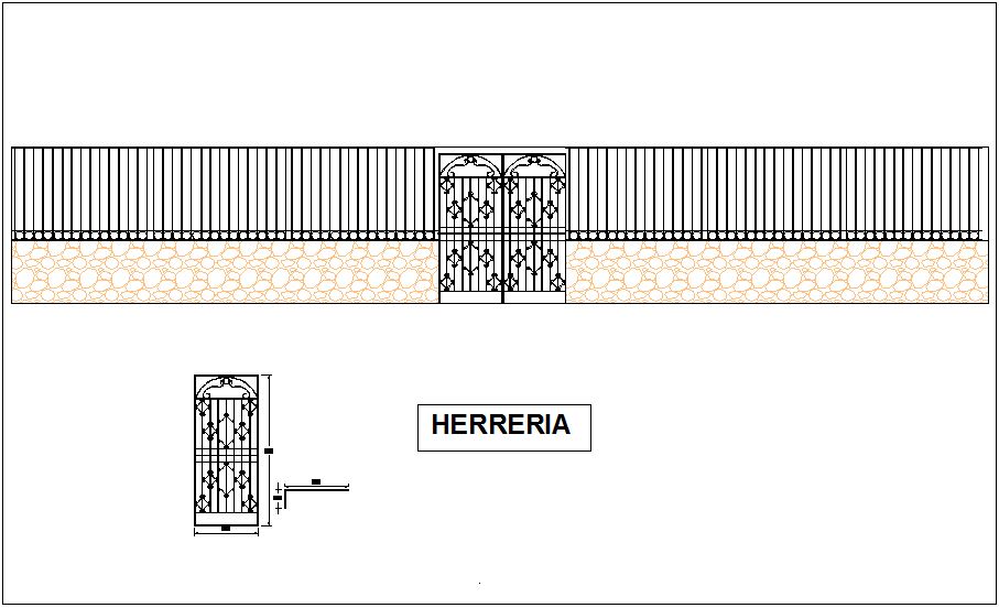 Designer door view with smithy fence and door detail for church dwg file