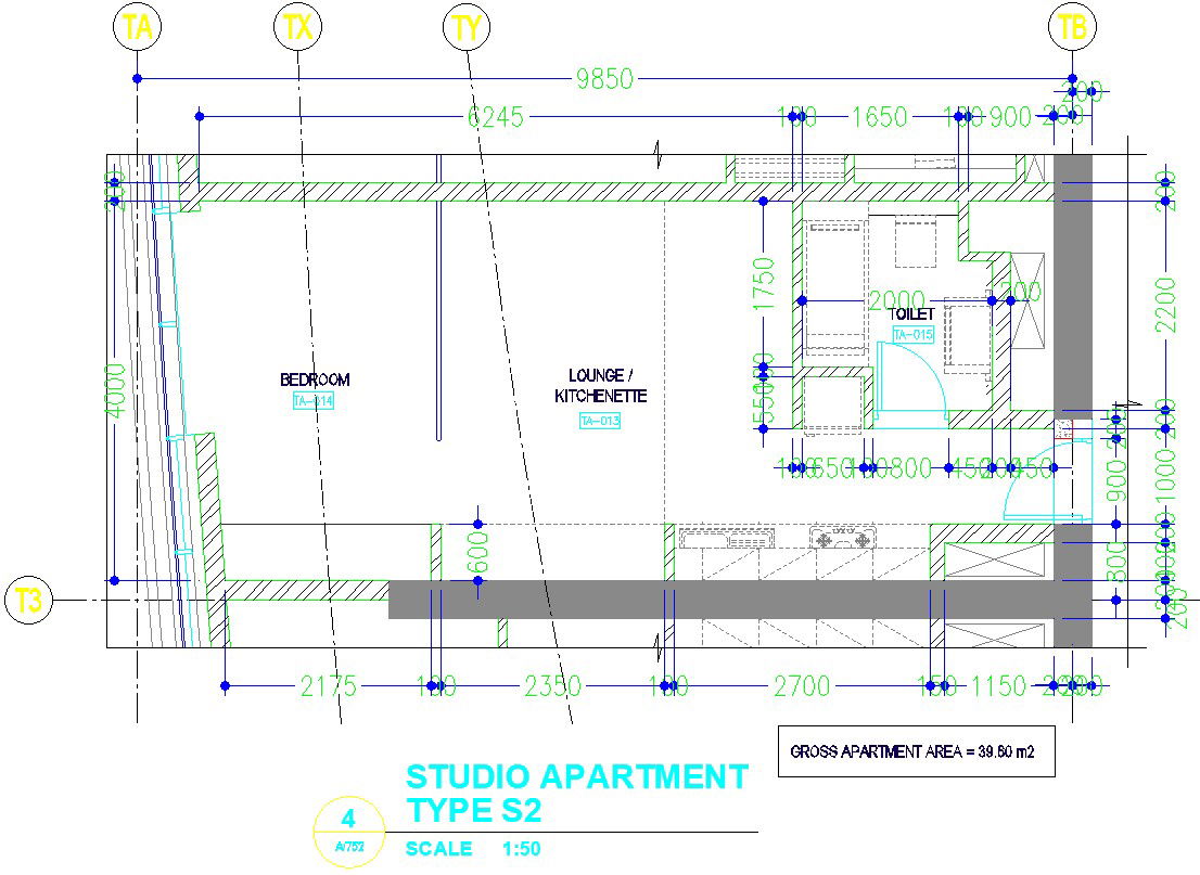 Design of studio apartment type in detail AutoCAD drawing, dwg file, cad file