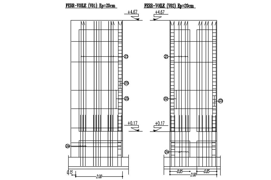Design of wall reinforcement details in AutoCAD 2D drawing, CAD file, dwg file