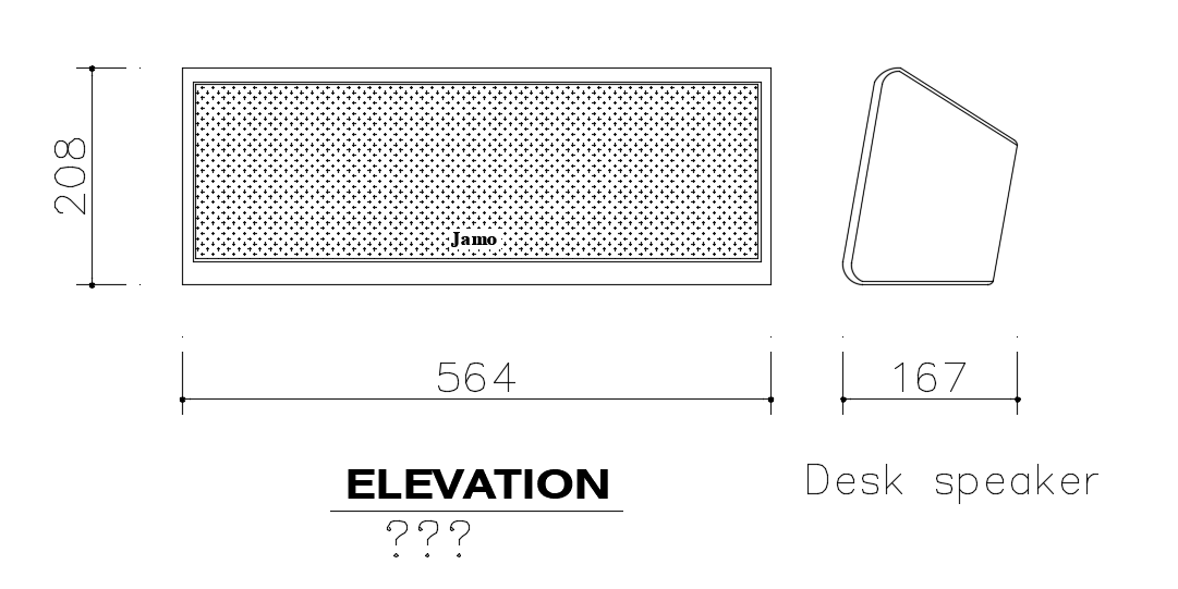 Desk speaker elevation and side view with electrical view dwg file