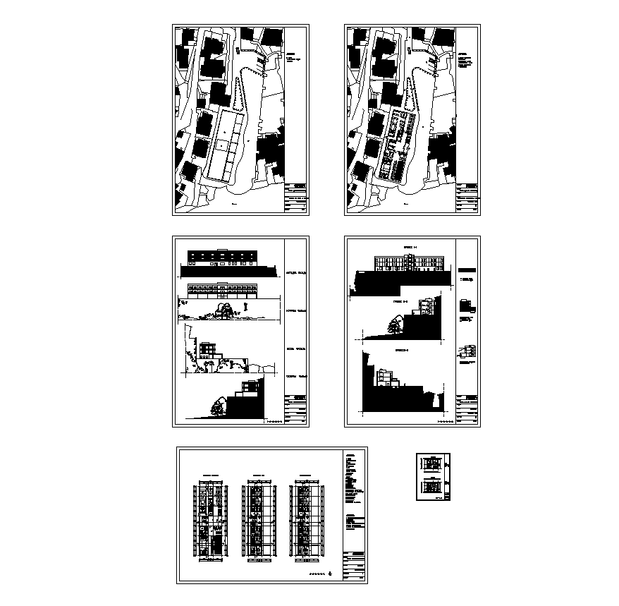 Detail college building elevation and plan 2d view layout autocad file