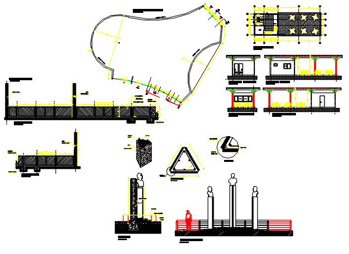 Detail drawing of compound wall, cafeteria and statute detail.