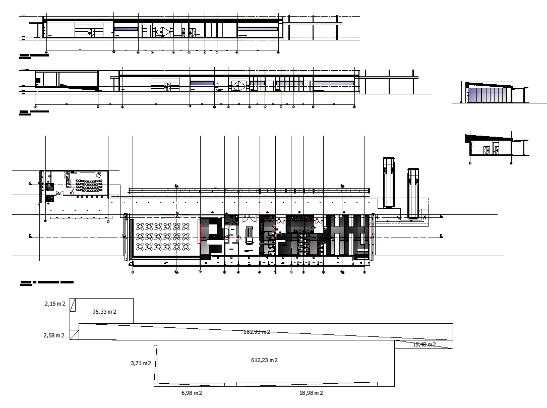 Detail industrial building elevation and plan 2d view layout dwg file