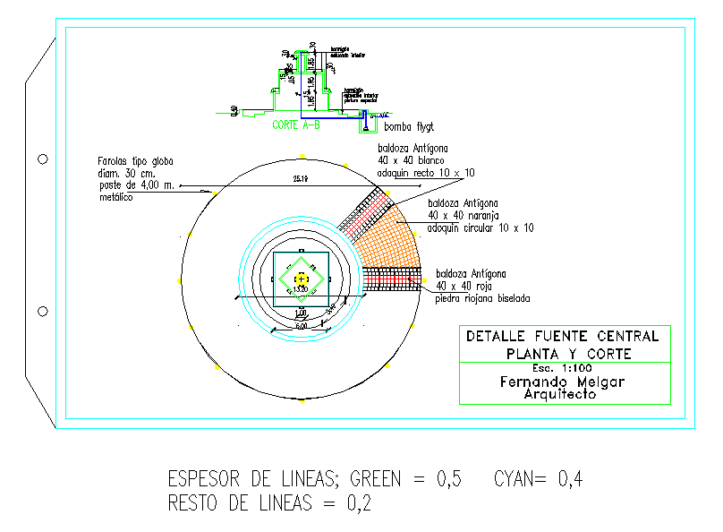 Central Fountain Detail CAD DWG with Plan, Section and Dimensions