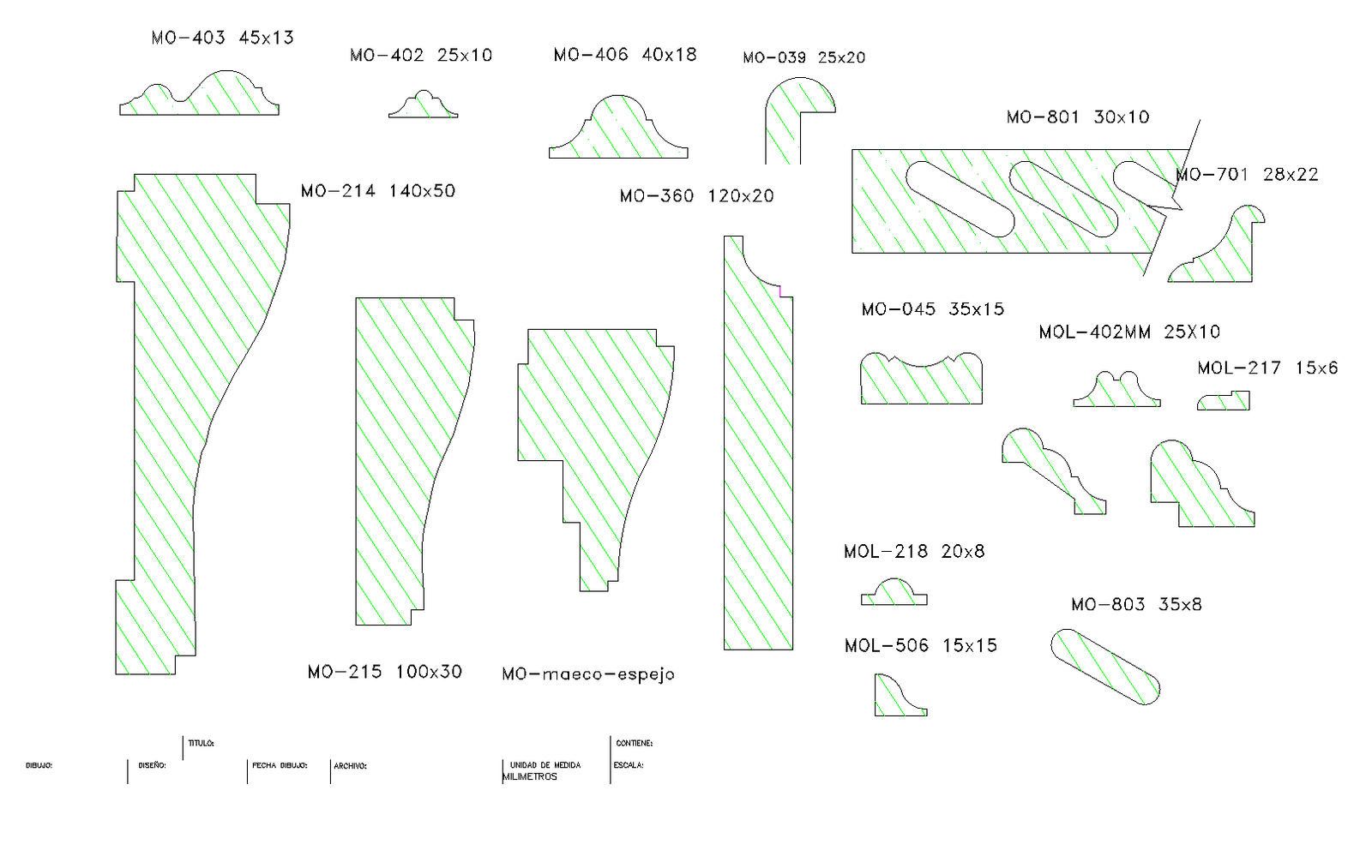 Detail of a section of wooden mouldings plan detail dwg file.