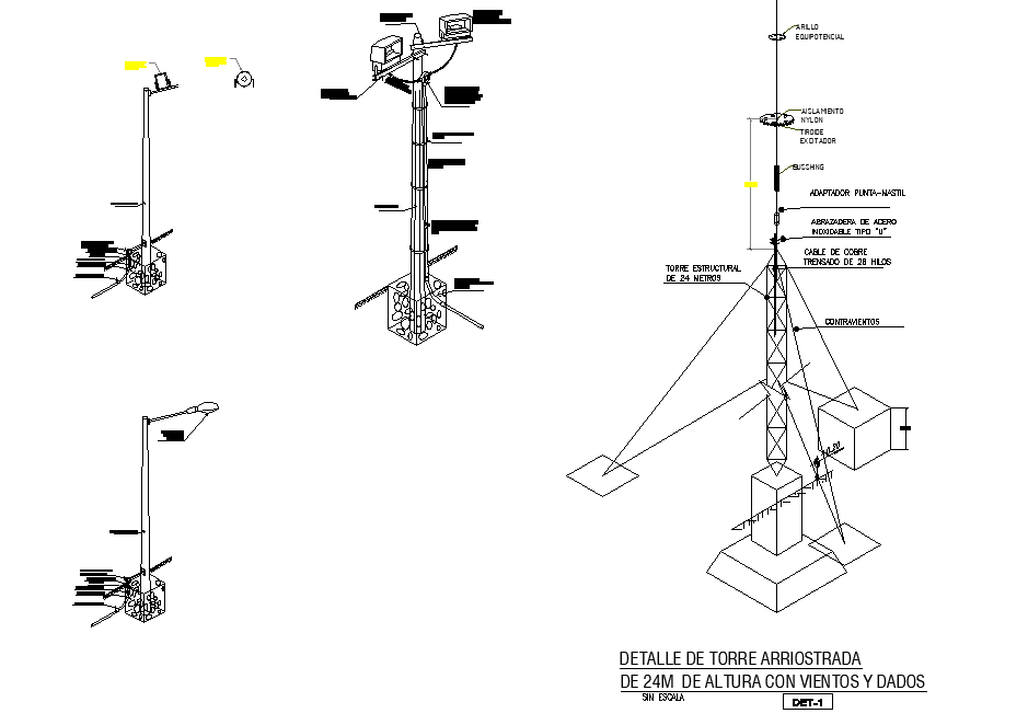 Detail of braced tower of 24m of height with winds and dice dwg file