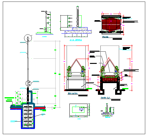 Detail of cave and flag pole of garden dwg file