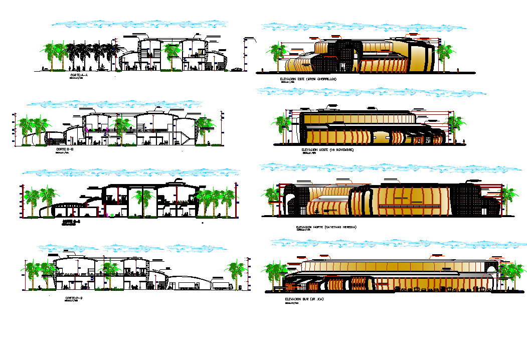 Detail of elevation and section Food market plan layout file