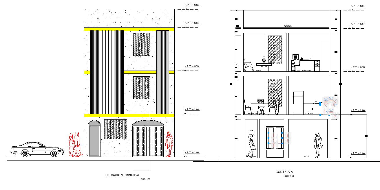 Detail of elevation and section house autocad file