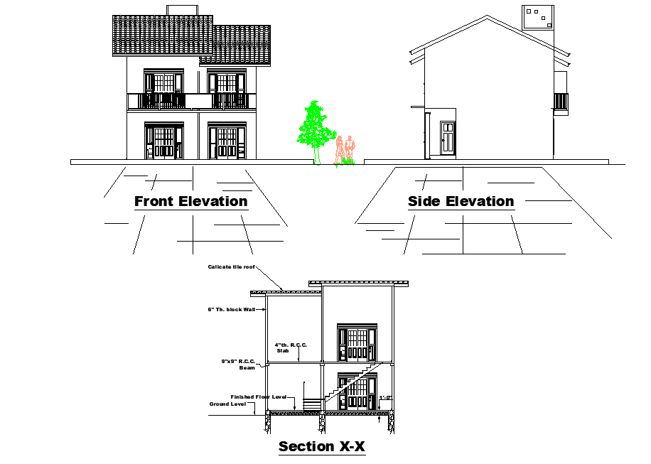Detail of elevation and section house autocad file
