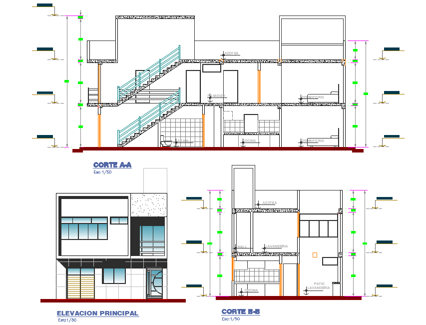 Detail of elevation and section house plan autocad file