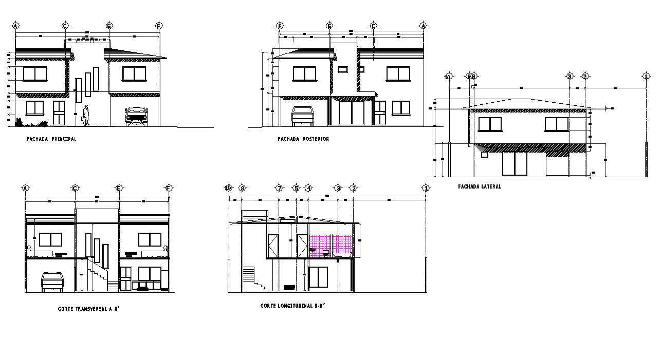 Detail of elevation and section house with 2 floor dwg file