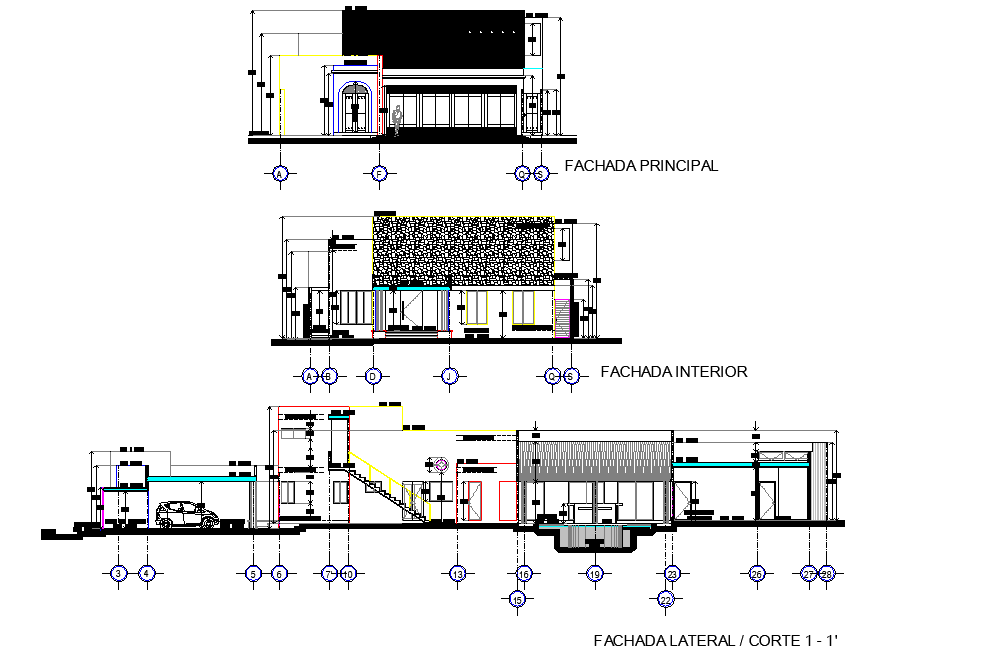 Detail of elevation and section residential house plan layout file