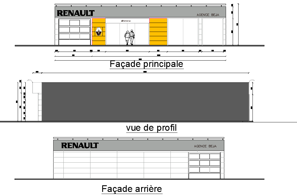 Detail of elevation show room Renault autocad file