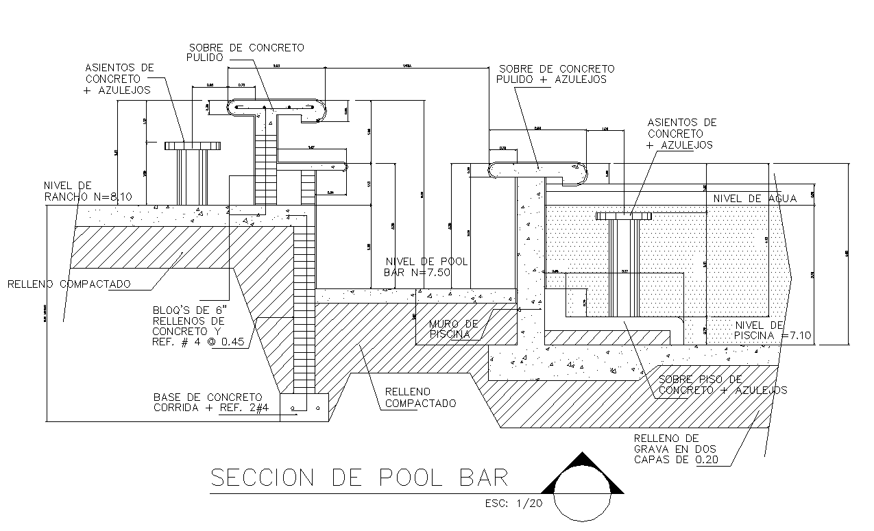 Detail of pool bar detail elevation 2d view layout file