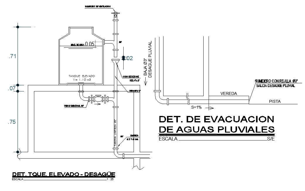 Detail of rainwater evacuation dwg file