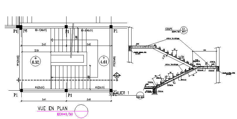 Detail of reinforced concrete staircase construction dwg file