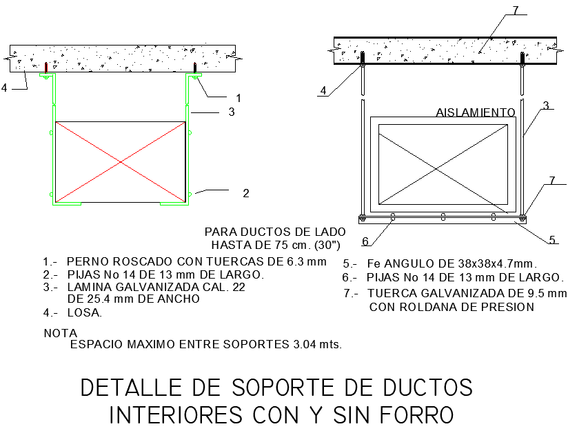 Detail of soporate of ducts interires with and without lining dwg file