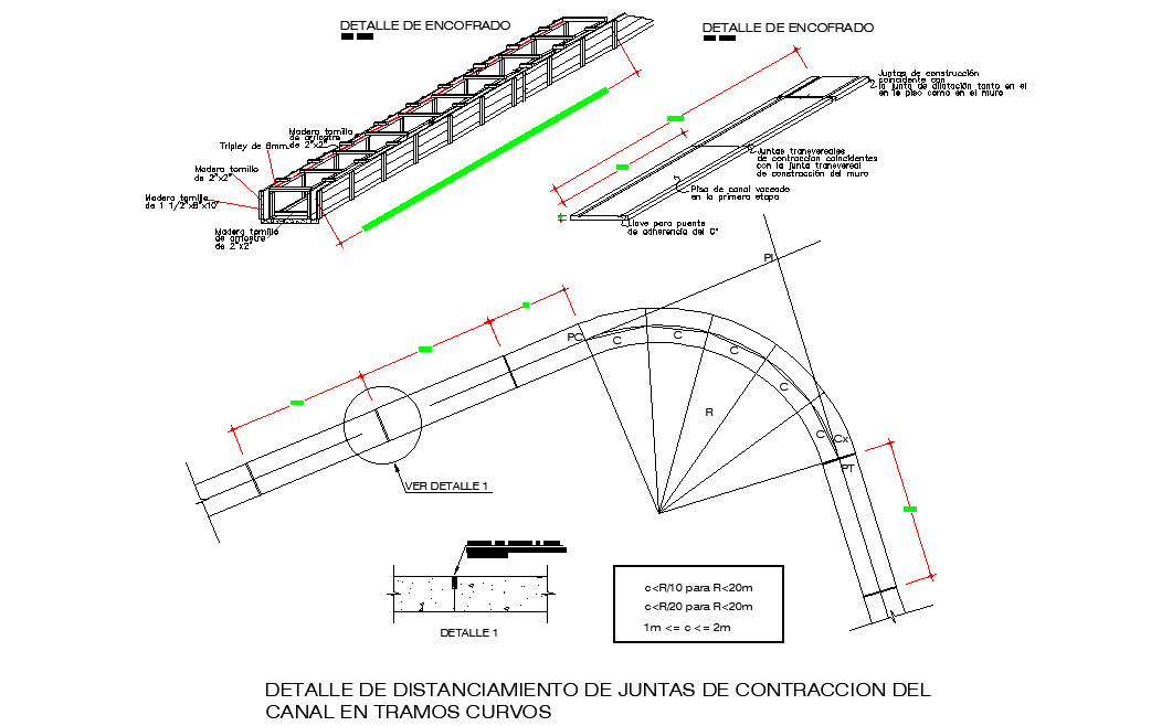Detail of spacing of contraction joints of the channel in curved sections dwg file