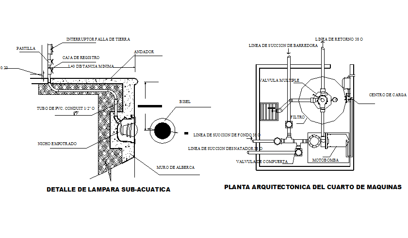 Detail of sub water lamp and architectural plant of the fourth of machine detail dwg file