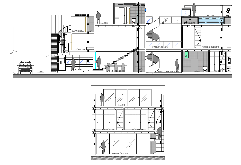 Detail section and elevation Houses three floors plan autocad file