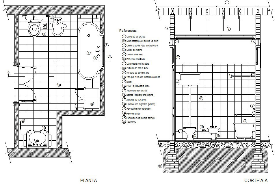 Detail section of antique bathroom plan detail dwg file