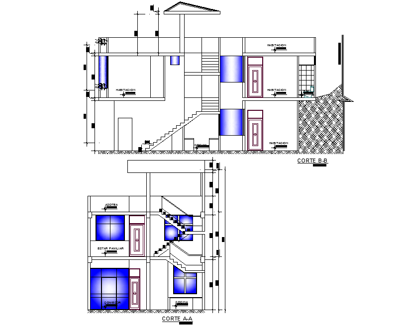 Detail section single family house 2 levels plan detail dwg file