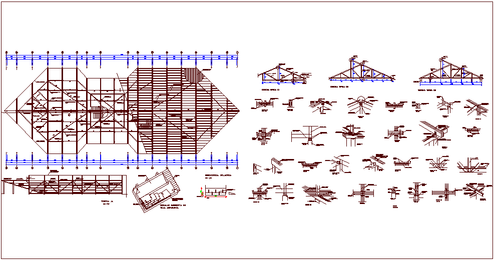 Detail view with different joint of wood part for wooden house dwg file