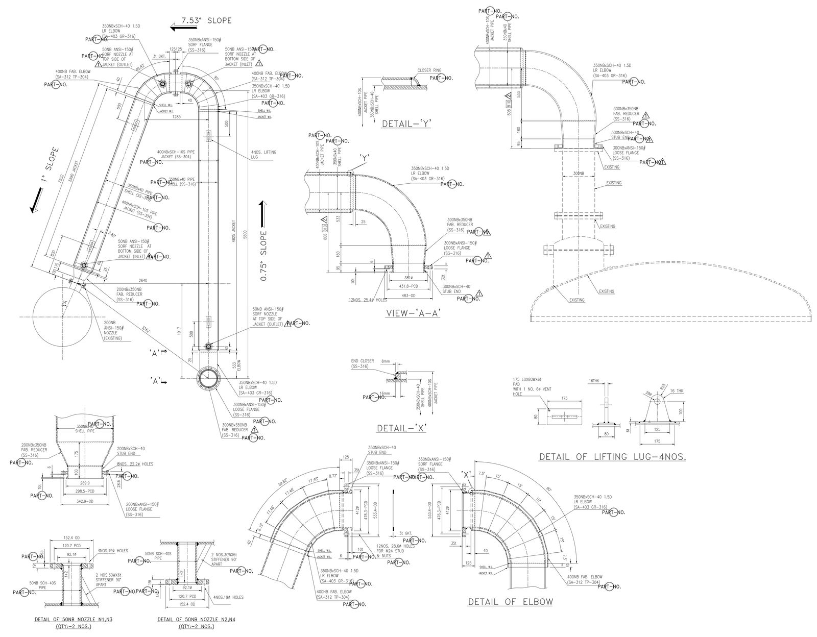 Double Pipe Heat Exchanger Section DWG with Jacketed Parts