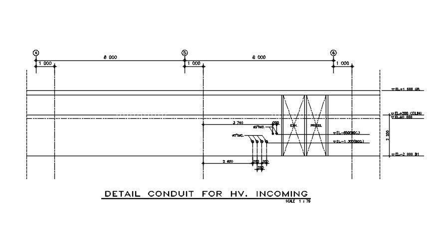 Detail conduit for HV incoming section details are provided in this 2D CAD DWG drawing.Download the AutoCAD 2D DWG file.