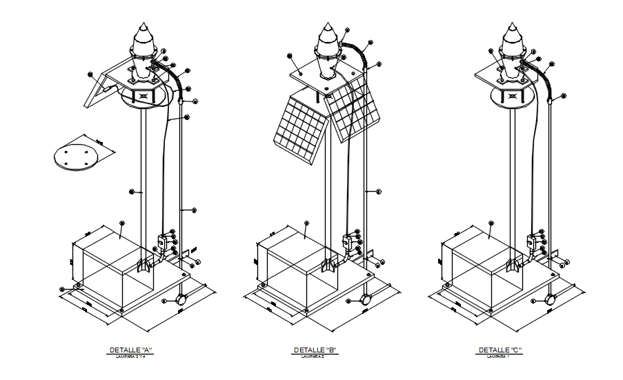 Detail drawing of standing lamp with different sections in AutoCAD 2D, dwg file, CAD file