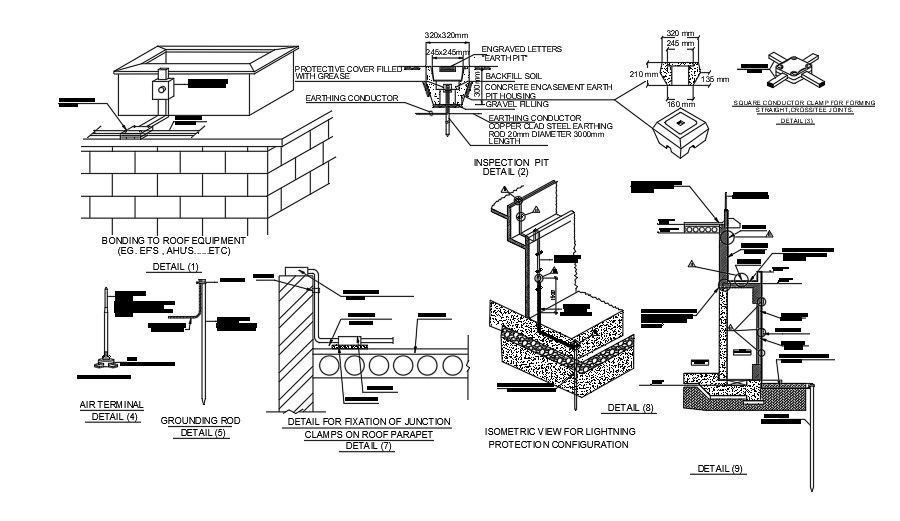 Detail drawing of the junction clamps on roof parapet CAD drawing