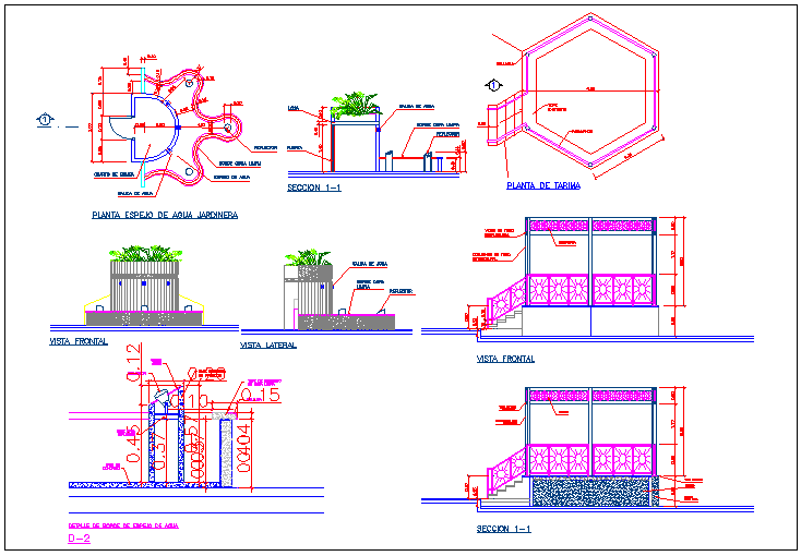 Detailed architecture project of garden fountain dwg file