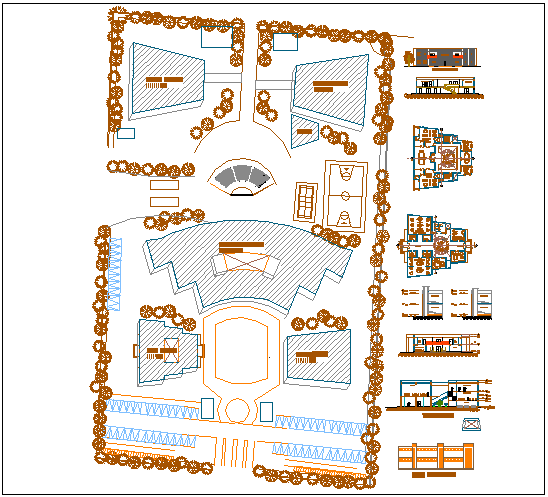 Detailed project of management college with landscaping dwg file