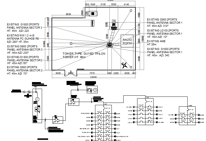 Detailed project of three legged electric tower installation dwg file
