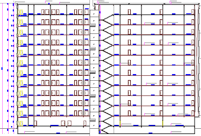 Detailed sectional view of multi-flooring office building dwg file