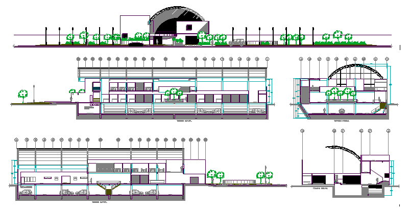 Detailed sectional view of multi-flooring shopping center dwg file