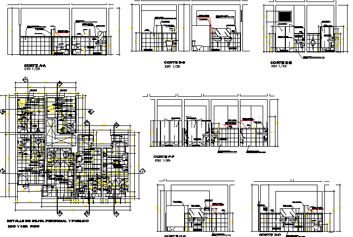 Detailed six bathrooms architecture project details dwg file