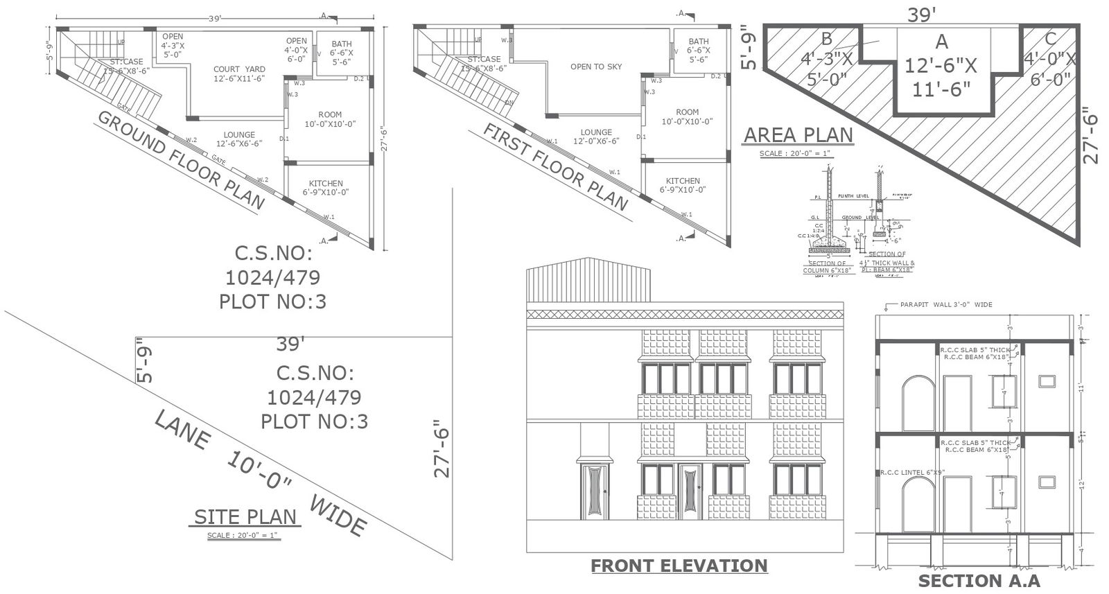 1BHK House Plan with Section and Elevation in DWG File