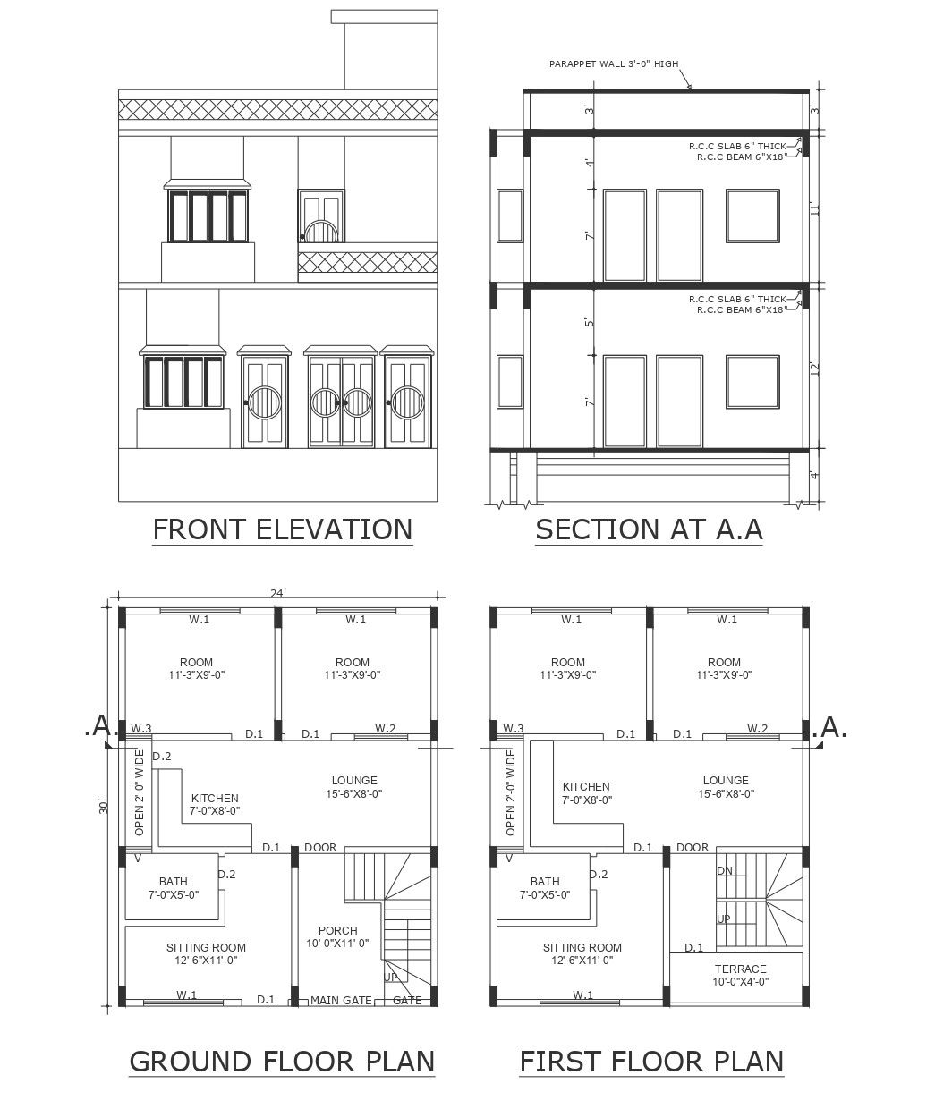 2BHK Section and Elevation Drawing in DWG File Format