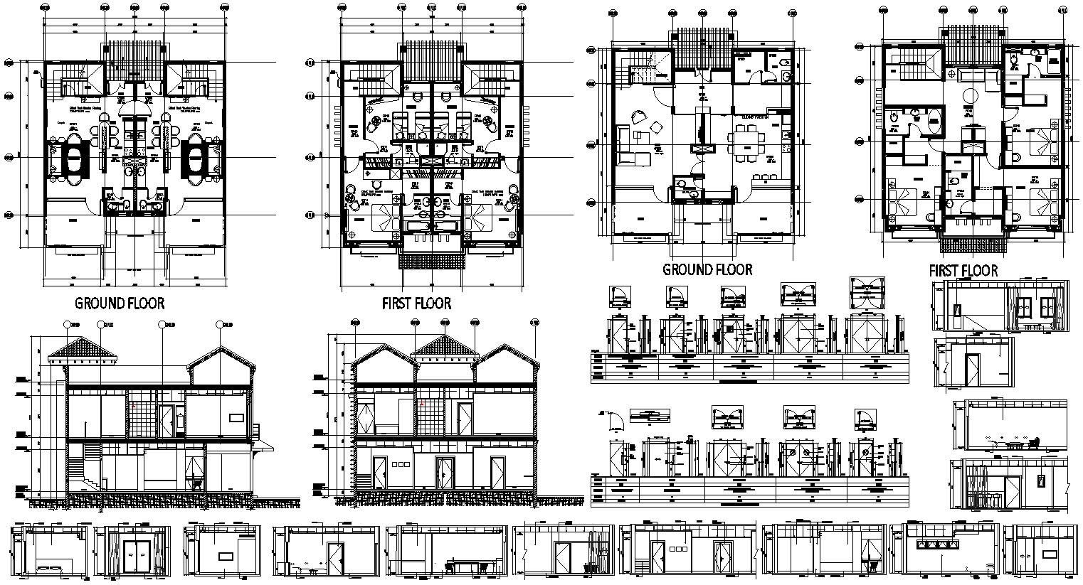 AutoCAD 3BHK bungalow plan with elevation and door view